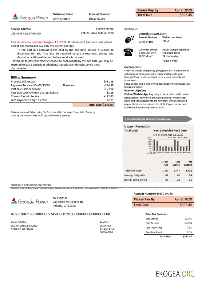 USA Georgia Power utility new brand bill template in Word and PDF format, fully editable